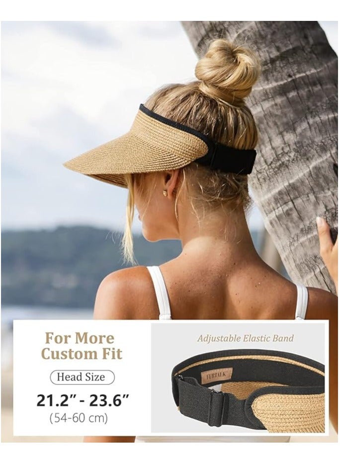 Womens Sun Visor Hat Straw Sun Visors for Women Summer Packable Ponytail Beach Hats for Women Travel UPF 80+ - Image 3