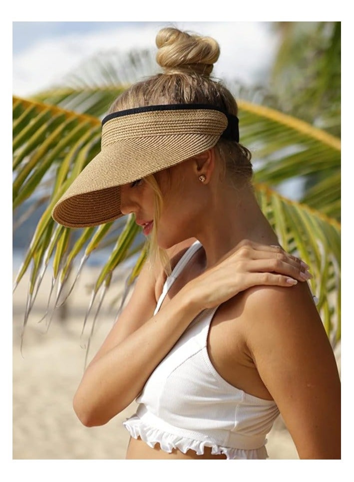 Womens Sun Visor Hat Straw Sun Visors for Women Summer Packable Ponytail Beach Hats for Women Travel UPF 80+ - Image 5