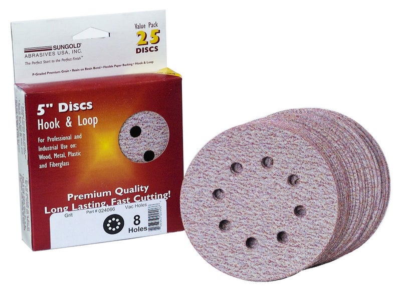 Sungold Abrasives 024073 5" By 8 Hole 100 Grit Premium Plus C Weight Paper Hook And Loop Sanding Discs, 25-Pack