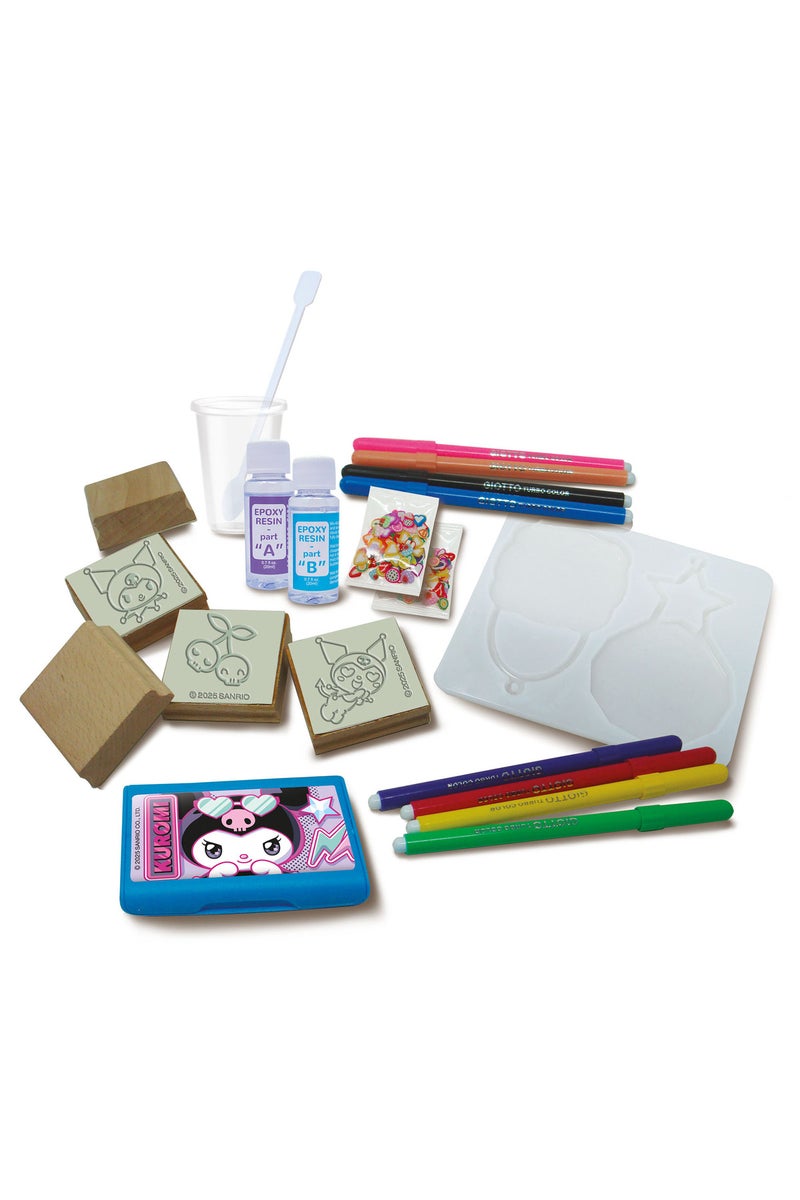 Multiprint Kuromi Crystal Art Set – Includes 2 Charms, 1 Mould Tray, 8 Markers, Ink Pad, 5 Stampers, Mixer Tube, Epoxy Resin Mix A&B, Glue & Stirrer – 100% Made in Italy - Image 4