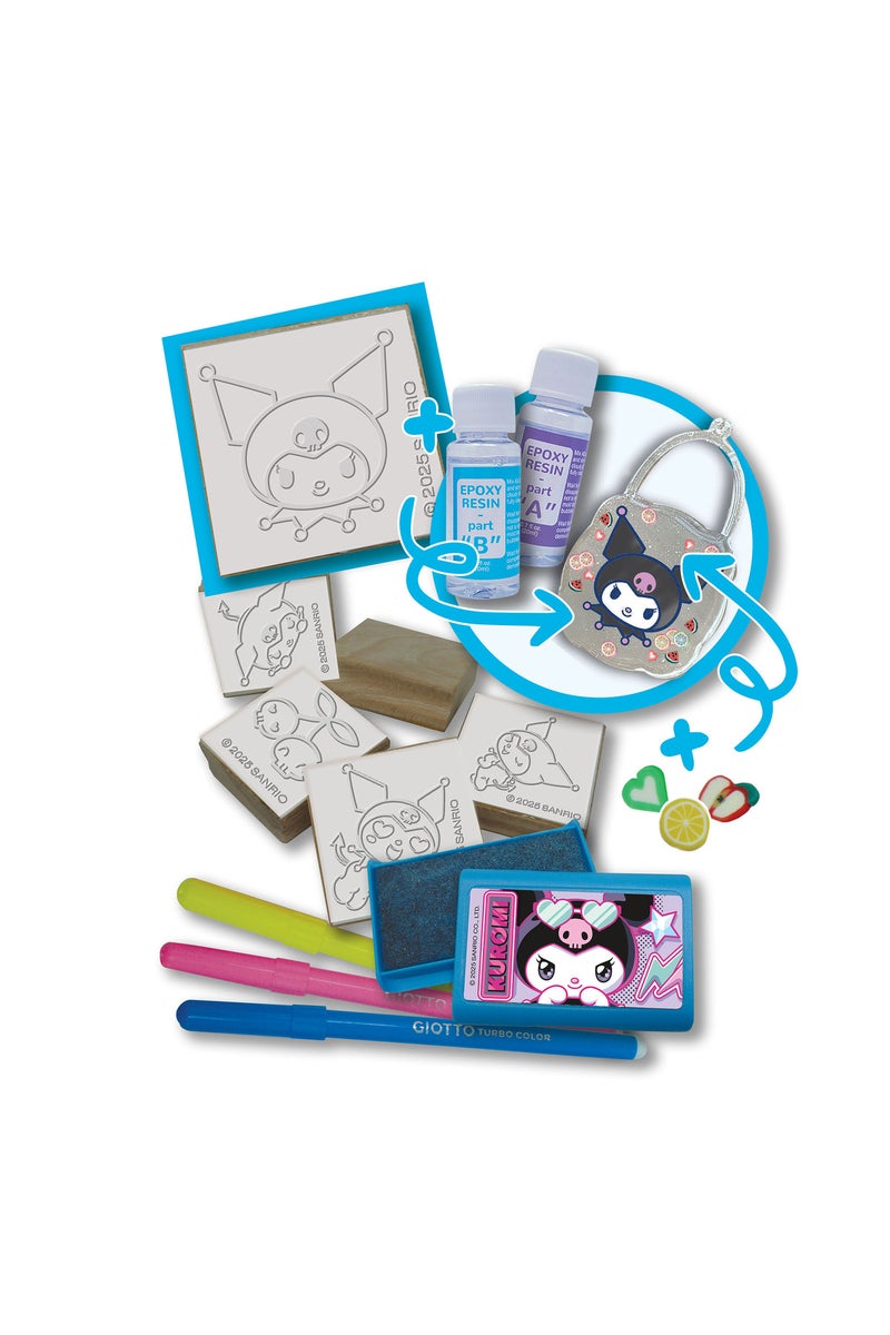 Multiprint Kuromi Crystal Art Set – Includes 2 Charms, 1 Mould Tray, 8 Markers, Ink Pad, 5 Stampers, Mixer Tube, Epoxy Resin Mix A&B, Glue & Stirrer – 100% Made in Italy - Image 2