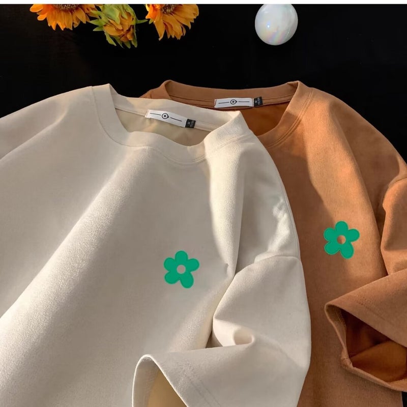 American-Style Retro Round Neck Short-Sleeved T-Shirt Men'S Summer Suede Heavy-Weight Hong Kong-Style Design Loose Couple'S Half-Sleeved Top T - Image 5