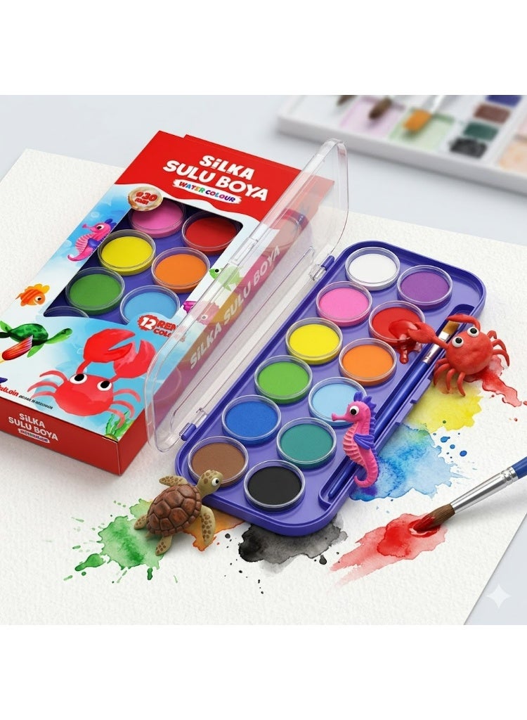 Silka Water Color Set - 12 Vibrant Colors with Paint Brush - Ideal for School & Students - Image 1