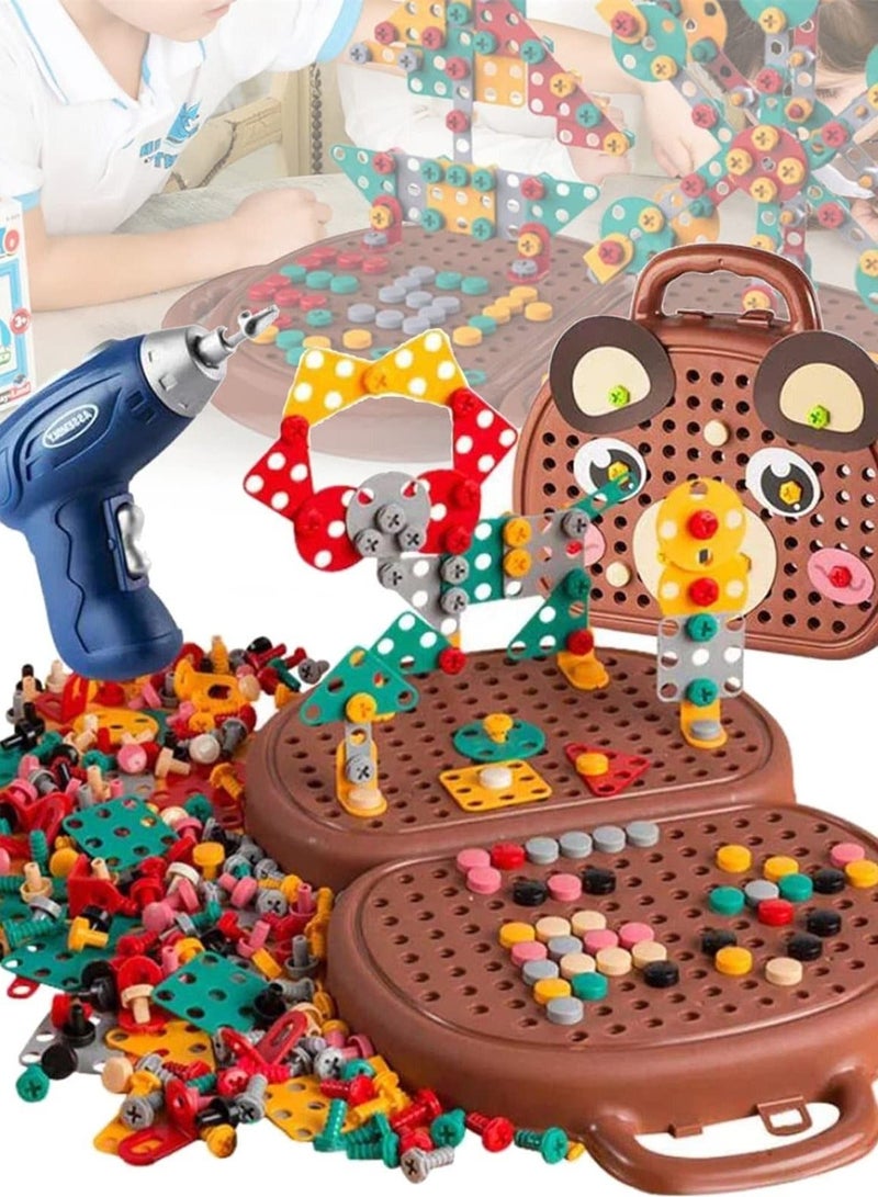 Y&D 2023 New Creativity Tool Box Electric Drill DIY Mosaic Set for Kids Ages 3-10 Years Creative and Screw Toys in Brown  - Image 1