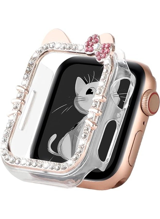 أوليسون جراب قطة كرتونية متوافق مع غطاء ساعة أبل للنساء، سلسلة iWatch 11 و10 مقاس 42 مم، إطار شفاف واقٍ مرصع بأحجار الراين اللامعة - Image 1