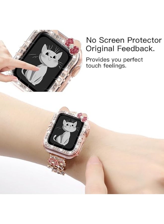 أوليسون جراب قطة كرتونية متوافق مع غطاء ساعة أبل للنساء، سلسلة iWatch 11 و10 مقاس 42 مم، إطار شفاف واقٍ مرصع بأحجار الراين اللامعة - Image 4
