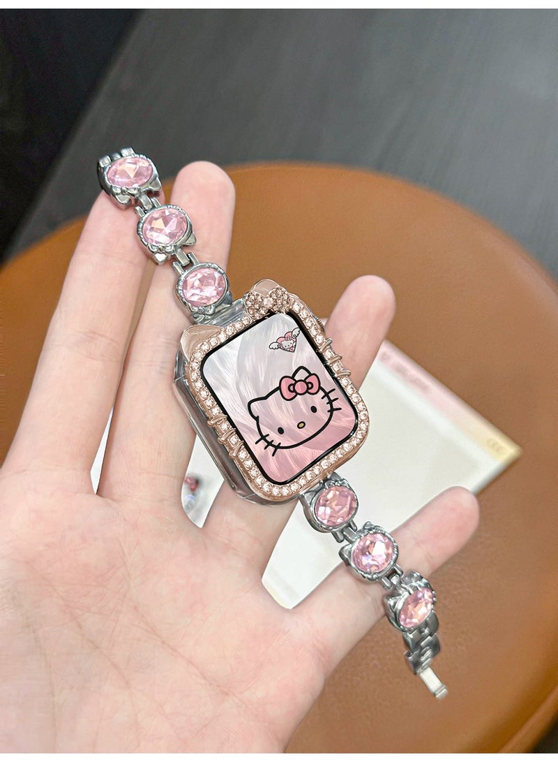 أوليسون جراب قطة كرتونية متوافق مع غطاء ساعة أبل للنساء، سلسلة iWatch 11 و10 مقاس 42 مم، إطار شفاف واقٍ مرصع بأحجار الراين اللامعة - Image 5