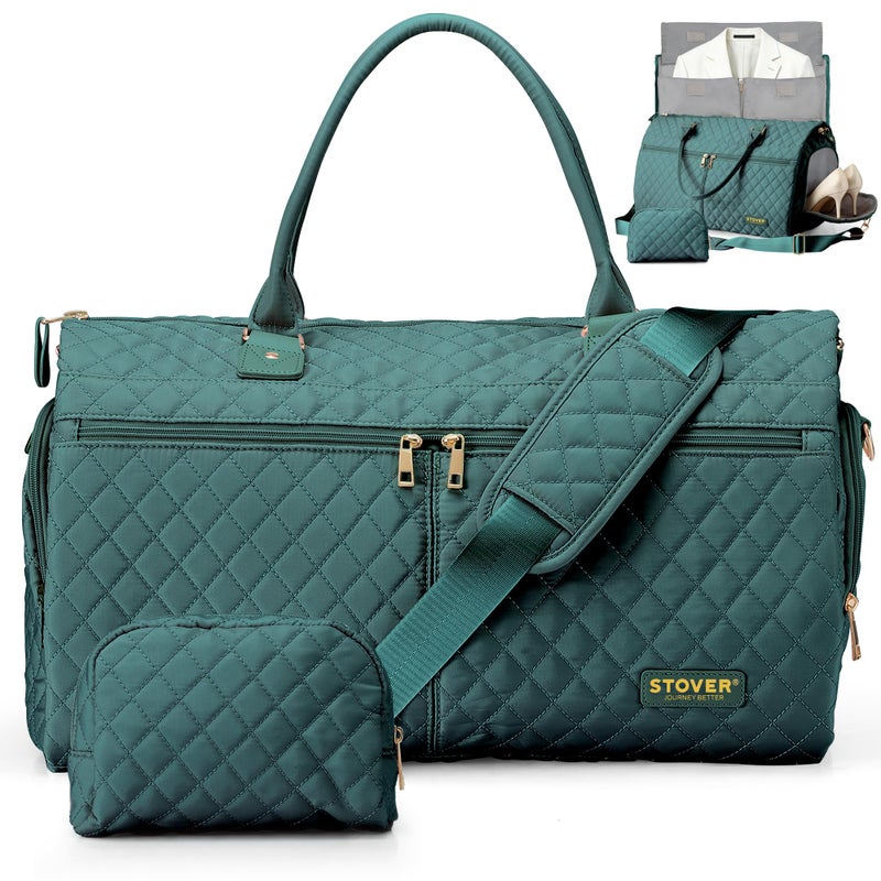 STOVER Womens Convertible Garment Duffel Bag for Travel 2in1 CarryOn WeekenderOvernight Tote WrinkleFree Dresses Suits Clothes Shoe Compartment Bonus Toiletry Bag Emerald Green - Image 2