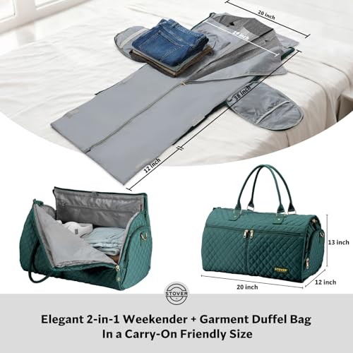 STOVER Womens Convertible Garment Duffel Bag for Travel 2in1 CarryOn WeekenderOvernight Tote WrinkleFree Dresses Suits Clothes Shoe Compartment Bonus Toiletry Bag Emerald Green - Image 3