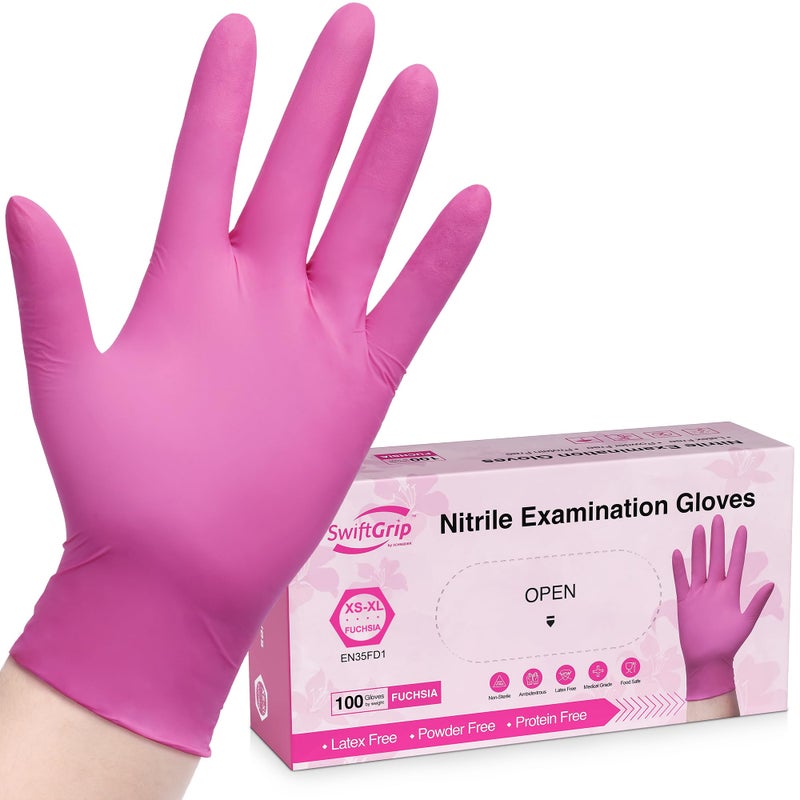 SwiftGrip Powder-Free Nitrile Gloves, X-Small, 100ct Box - 3-mil, Disposable, Latex-Free, for Kitchen, Cleaning, Estheticians, Hair Stylist - Pink/Fuchsia - Image 1