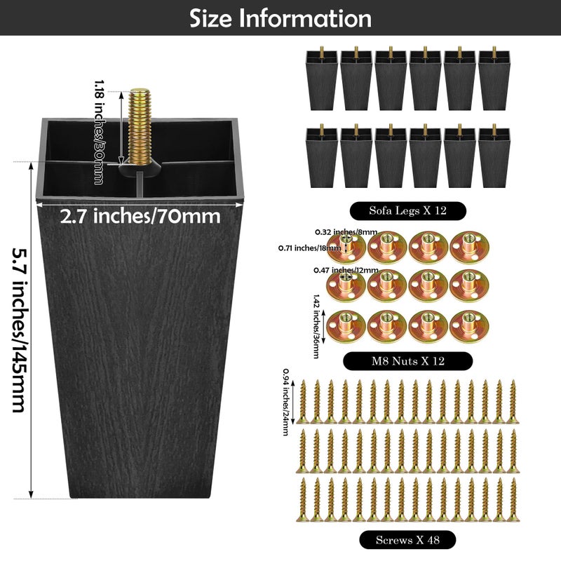 TURSTIN 12 Pieces 5.7" Plastic Furniture Legs Replacement Couch Legs Square Tapered Sofa Leg Mid-Century Modern Furniture Feet for Armchairs Couch Bed Coffee Table Dresser - Image 2