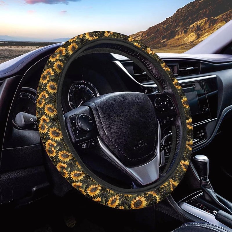 Universal Non-Slip Steering Wheel Cover, 15-inch Polyester Material Driving Accessories, Suitable for Car and Truck(Tawny Sunflower Dot Scene) - Image 1