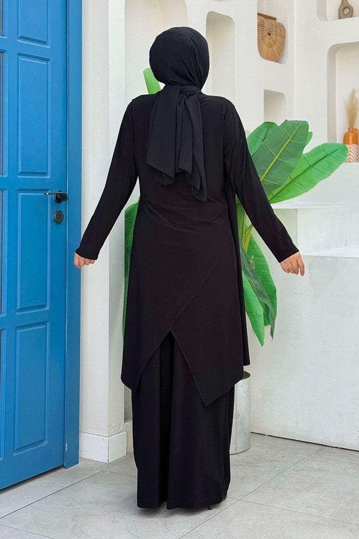 Bym Fashion Shawl Collar Biased Asymmetric Cut Trouser Tunic Set 8552 Black  - Image 2