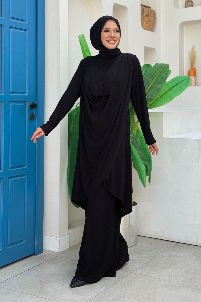 Bym Fashion Shawl Collar Biased Asymmetric Cut Trouser Tunic Set 8552 Black  - Image 3