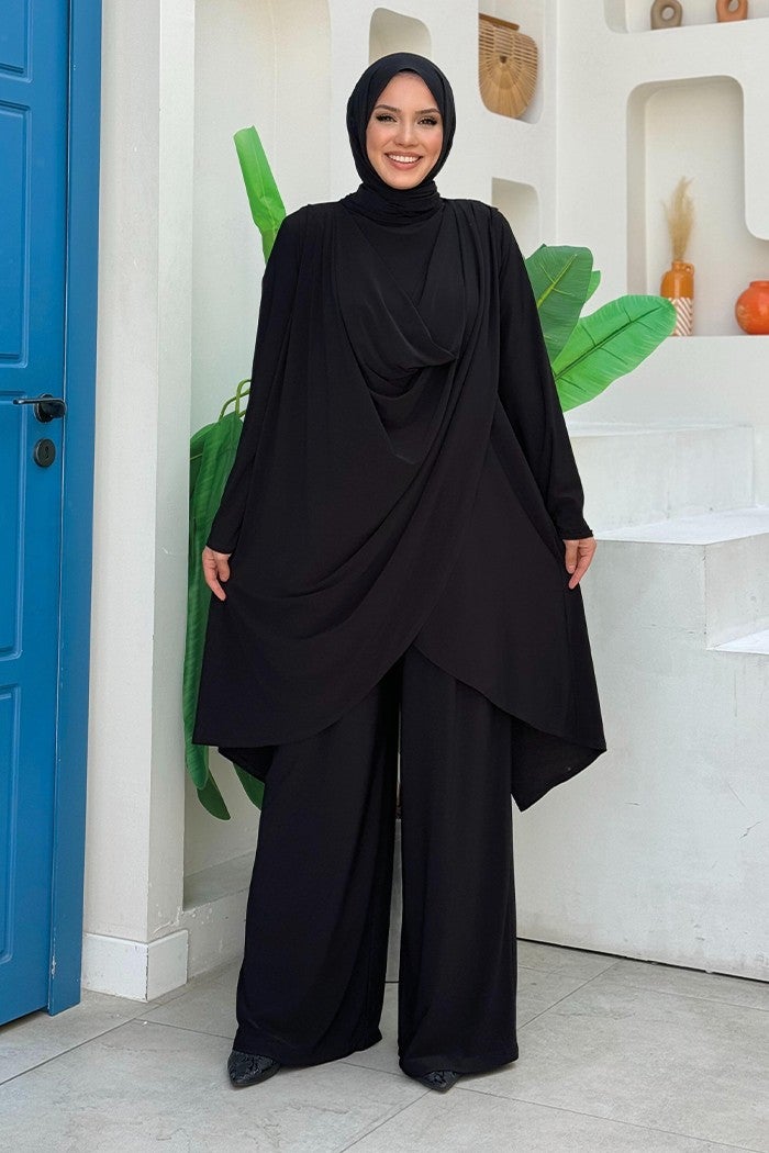 Bym Fashion Shawl Collar Biased Asymmetric Cut Trouser Tunic Set 8552 Black  - Image 1