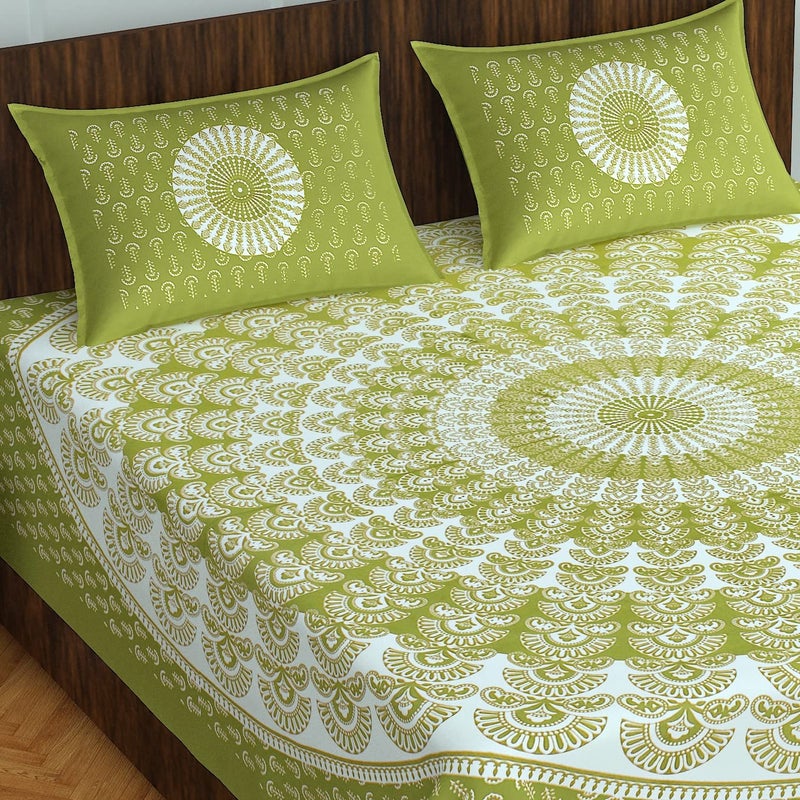 BedZone Cotton Comfort Rajasthani Jaipuri Traditional King Size Double Bed Bedsheet with 2 Pillow Covers (Green), 180 Tc - Image 1