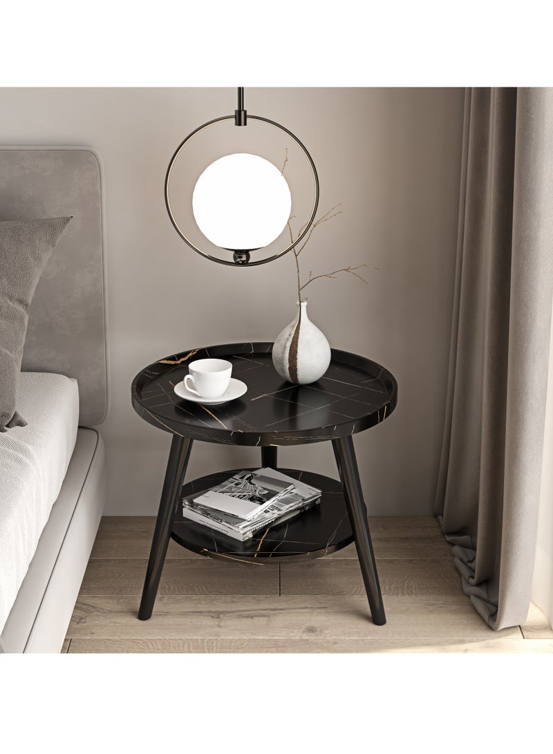 Arabest طاولة جانبية دائرية، طاولة أريكة بحواف مشطوفة مع 3 أرجل من الخشب الصلب الطبيعي، طاولة قهوة جانبية لغرفة المعيشة، غرفة النوم، المساحات الصغيرة، طاولة بجانب السرير سهلة التجميع، طاولة قهوة سوداء - Image 2