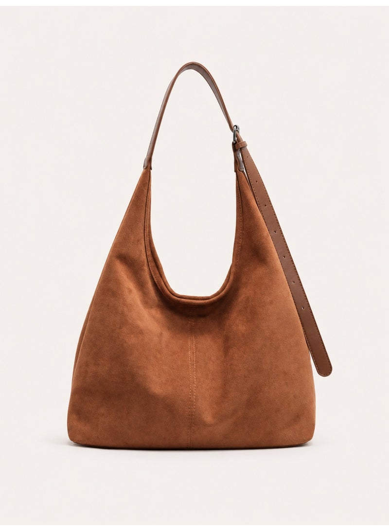 Women's Large Suede-Effect Hobo Tote Bag with Adjustable Strap, Causal Shoulder Bag, Brown - Image 1