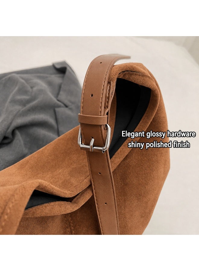 Women's Large Suede-Effect Hobo Tote Bag with Adjustable Strap, Causal Shoulder Bag, Brown - Image 4