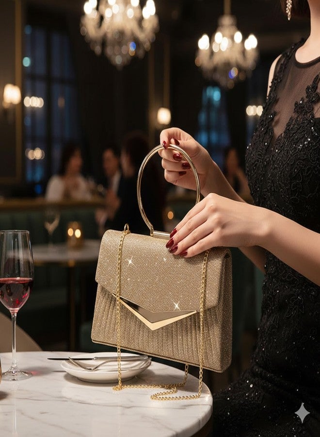 Hexwell حقيبة يد نسائية مسائية من هيكسويل مزودة بحزام سلسلة ذهبية قابل للفصل ومقبض حلقي معدني - حقيبة يد لامعة للحفلات، مناسبة لحفلات الزفاف والكوكتيل والمناسبات الرسمية (ذهبي) - Image 2