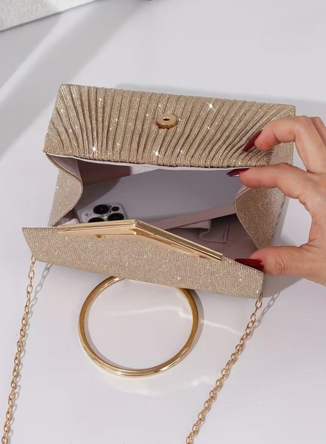 Hexwell حقيبة يد نسائية مسائية من هيكسويل مزودة بحزام سلسلة ذهبية قابل للفصل ومقبض حلقي معدني - حقيبة يد لامعة للحفلات، مناسبة لحفلات الزفاف والكوكتيل والمناسبات الرسمية (ذهبي) - Image 4