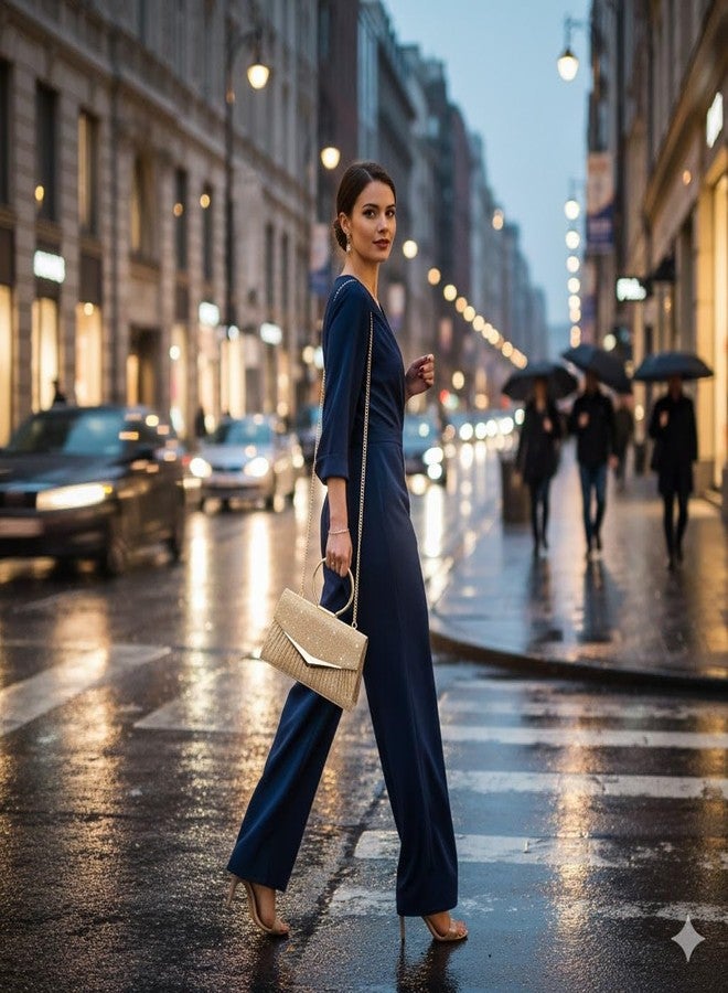 Hexwell حقيبة يد نسائية مسائية من هيكسويل مزودة بحزام سلسلة ذهبية قابل للفصل ومقبض حلقي معدني - حقيبة يد لامعة للحفلات، مناسبة لحفلات الزفاف والكوكتيل والمناسبات الرسمية (ذهبي) - Image 5