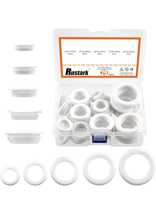 Rustark Rustark 29Pcs 5 Sizes White Rubber Grommet Assortment Kit Single Sided Round Firewall Hole Plugs Top Hat Grommet Eyelet Ring Gasket Firewall Hole Plugs Wiring Gasket for Wire Cable Protection  - Image 1