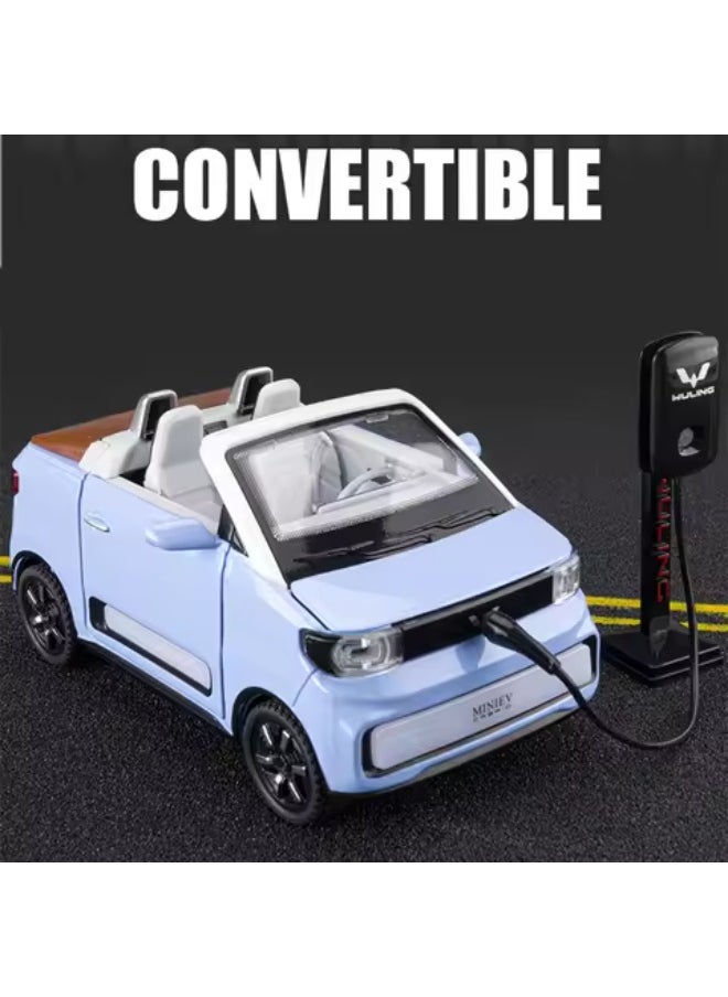 Mini Electric Diecast Car with Charging Station – 1:24 Metal EV Toy Vehicle with Sound, Light & Convertible Feature, Gift for Kids