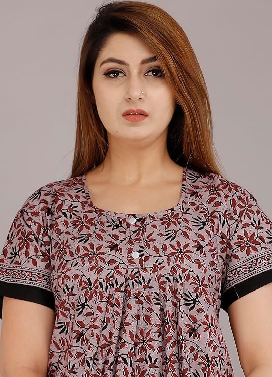 YUKATA Nighty for Women Cotton Printed Maxi Gown Ankle Length Nighty Night Dress Gown for Women Maxi - Free Size (Pack of 2) (Free Size, Light&Red) - Image 3