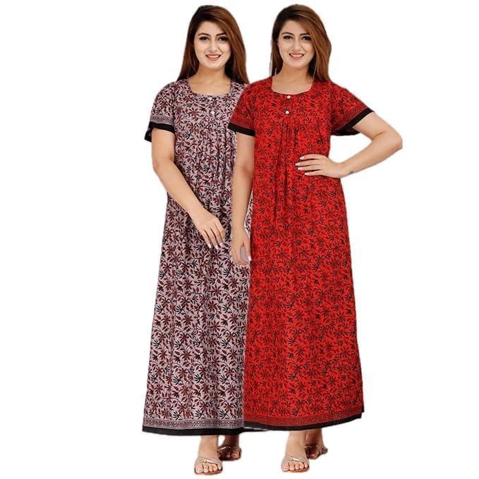 YUKATA Nighty for Women Cotton Printed Maxi Gown Ankle Length Nighty Night Dress Gown for Women Maxi - Free Size (Pack of 2) (Free Size, Light&Red) - Image 1
