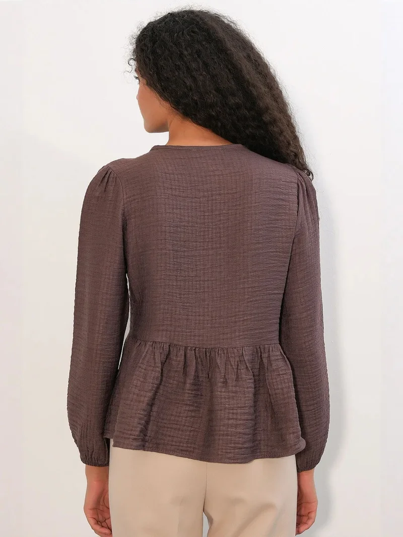 Big Dart Dark Mocha Brown BDART Frilly Woven Blouse With Tie Closure for Women | Best Price UAE