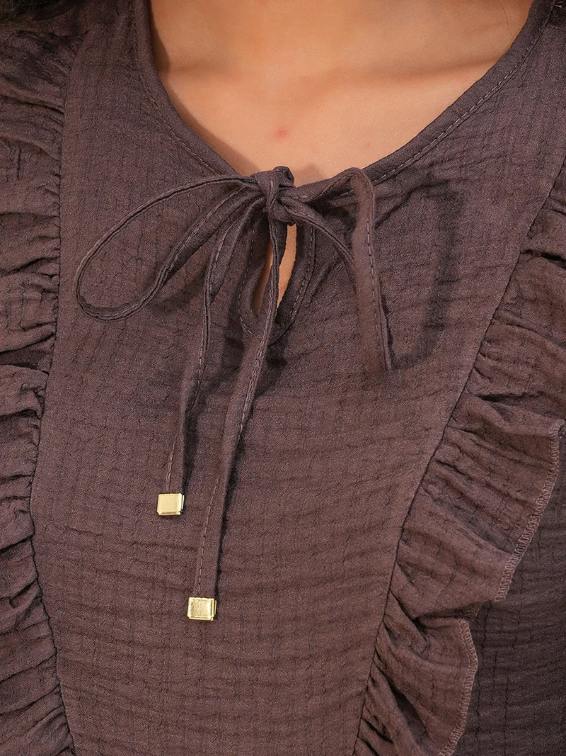 Big Dart Dark Mocha Brown BDART Frilly Woven Blouse With Tie Closure for Women | Best Price UAE