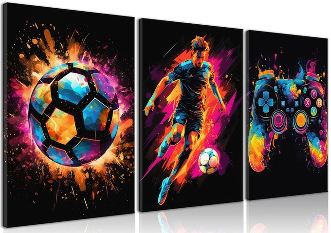 FRAMED CANVAS WALL ART DECOR PAINTINGS ART GAME CONTROLLER COLOR SPLASH INK CANVAS PAINTING POSTERS FOR ROOM AESTHETIC SOCCER WALL ART FOR BOYS ROOM DECOR 1216 SET OF 3
