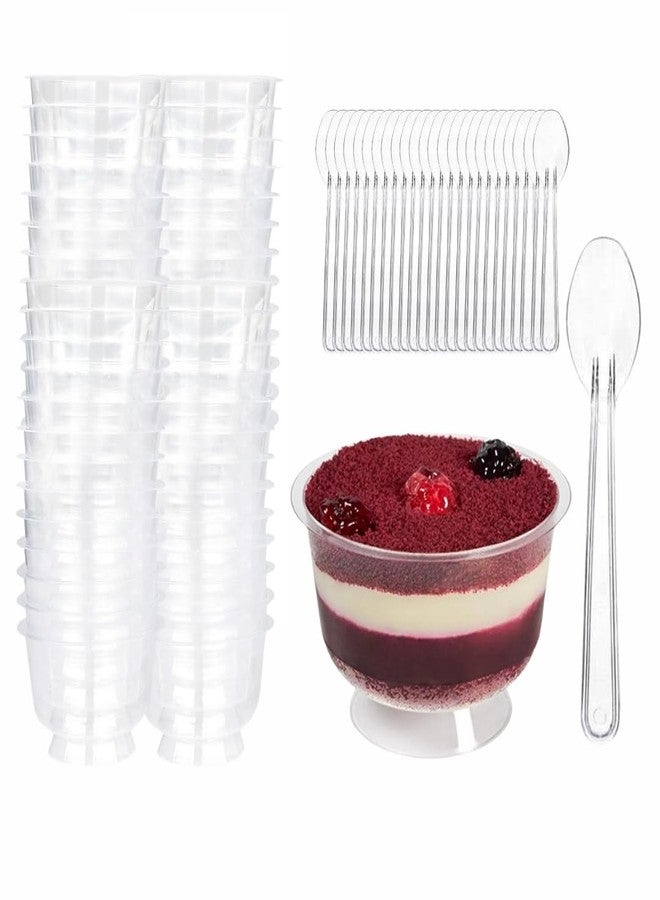 EYNEL Clear Durable Footed Dessert Cups with Spoons - 7oz Plastic Slanted Parfait and Appetizer Cups, Small Reusable Bowls for Parties, Pudding, Mousse, Ice Cream (25 Cups + 25 Spoons) - Image 1