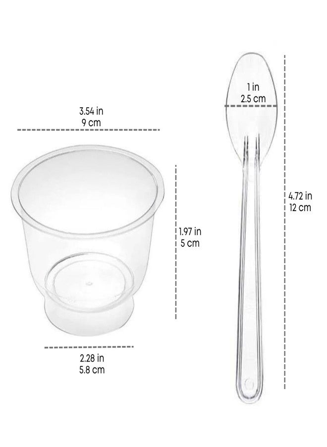 EYNEL Clear Durable Footed Dessert Cups with Spoons - 7oz Plastic Slanted Parfait and Appetizer Cups, Small Reusable Bowls for Parties, Pudding, Mousse, Ice Cream (25 Cups + 25 Spoons) - Image 3