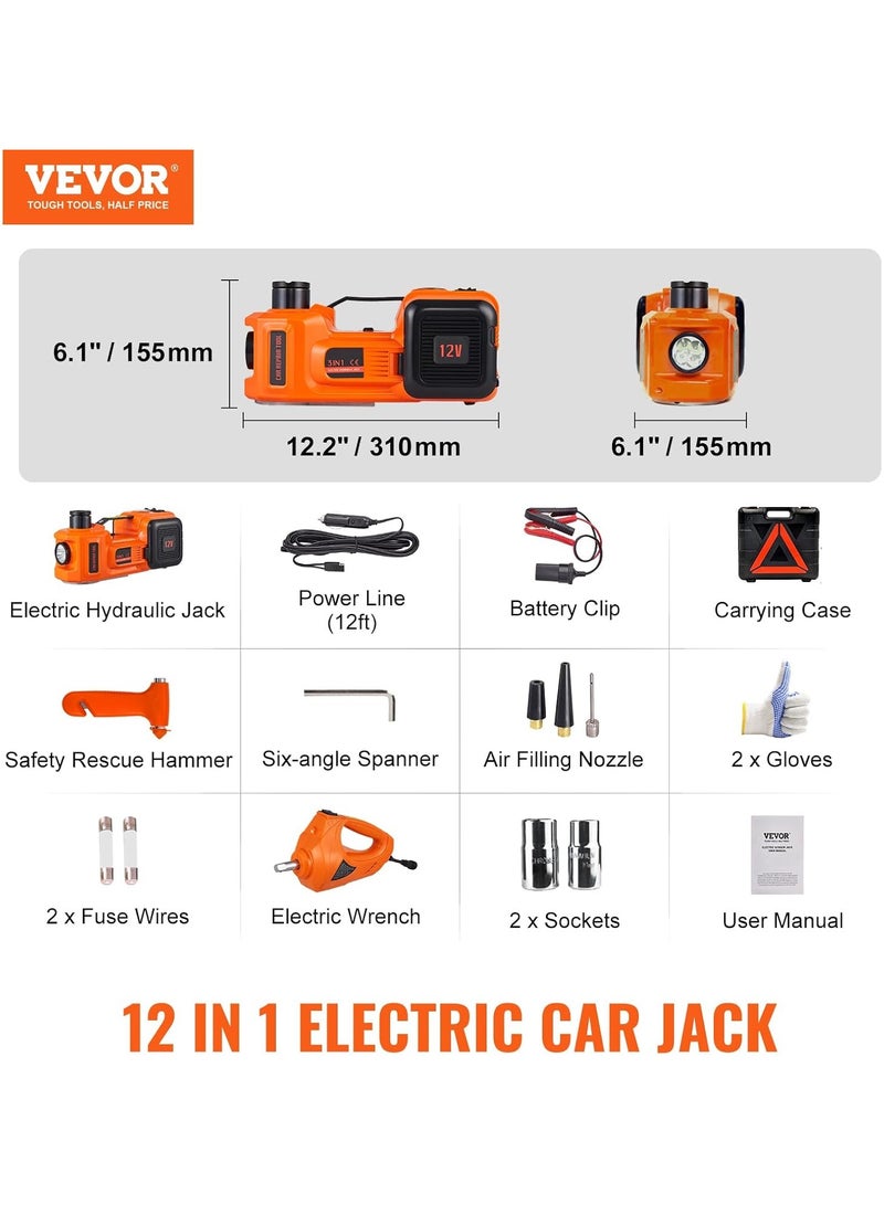 Electric Car Jack, 5 Ton Hydraulic Jack Lift with Electric Impact Wrench, Built-in Inflatable Pump, and LED Light for SUV MPV Sedan Truck Change Tires Garage Repair.