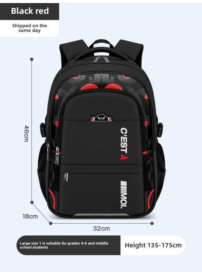 Leather Backpack For Primary School Students Embroidered School Logo Name Tag-Color:Large Black And Red (suitable For Grade 4-6 And Middle School Students)-Size:Schoolbag + Tutorial Bag - Image 1