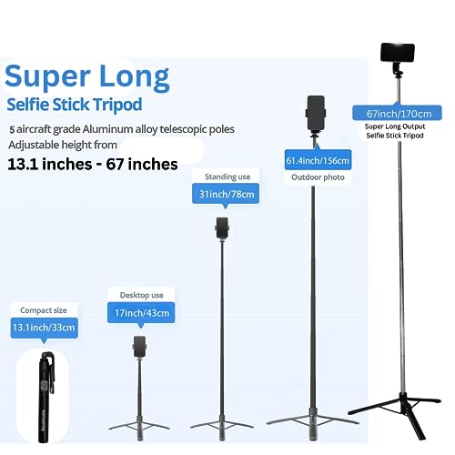 Blushinsta Super Long Selfie Stick Tripod,Extra-Long Selfie Stick with Large Reinforced Tripod Stand Upto 67 inch/170 cm Wireless Bluetooth Selfie Stick for YouTube Video (LED Light Not Included) - Image 5