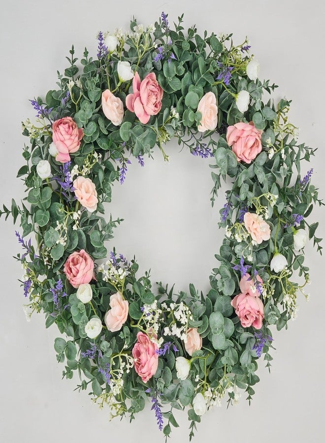 Avoeco Artificial Wreath for Front Door Decor- Year-Round Greenery, 21" Eucalyptus Spring & Summer Decorative Wreath with Flowers, Perfect for Farmhouse, Weddings & Seasonal Décor (B Rose) - Image 1