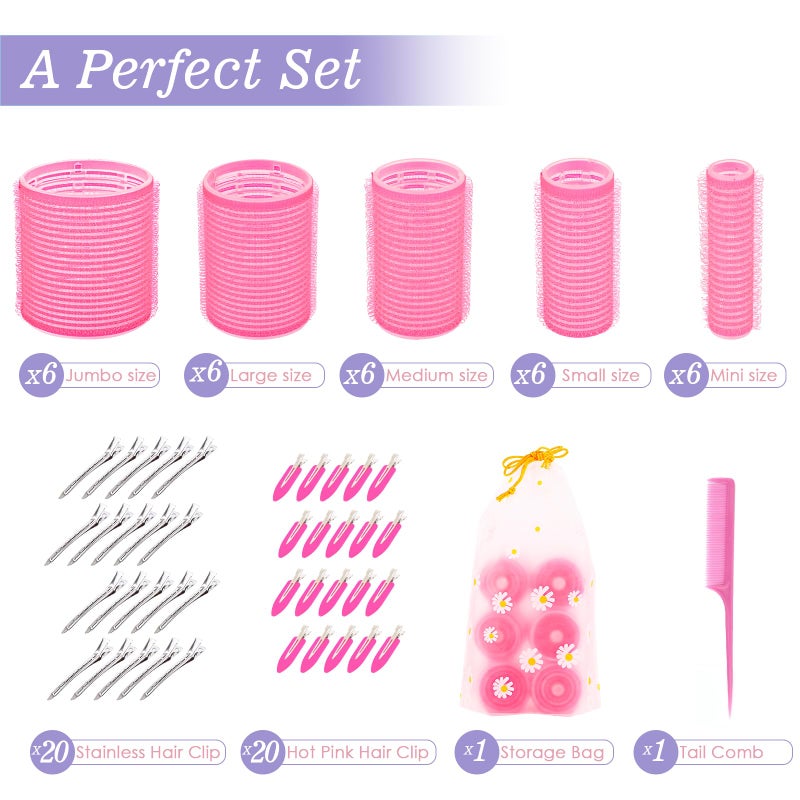 YHOVID 5 Size Hair Rollers, 72Pcs Roller Set, Hair Curlers for Blowout Look Long, Short Hair, Jumbo Large Big Small 30 Hair Rollers, 40 Roller Clips, Tail Comb, Storage Bag - Image 2