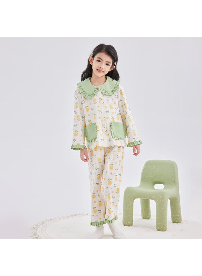 Deesha [60s High Count High Density] Girls' Class A Cotton Cardigan Pajama Set, Spring And Autumn Sweet Long-sleeve Loungewear - Image 1