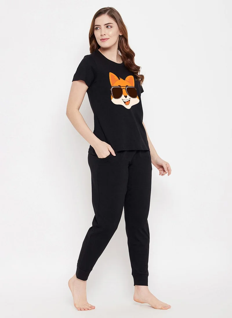 Clovia Black Clovia Fox Emoji Print Top & Solid Jogger Set in Black - 100% Cotton for Women | Best Price UAE
