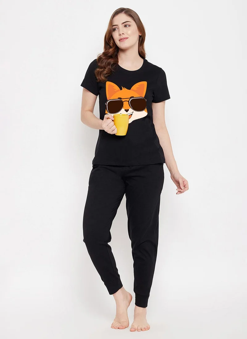 Clovia Black Clovia Fox Emoji Print Top & Solid Jogger Set in Black - 100% Cotton for Women | Best Price UAE