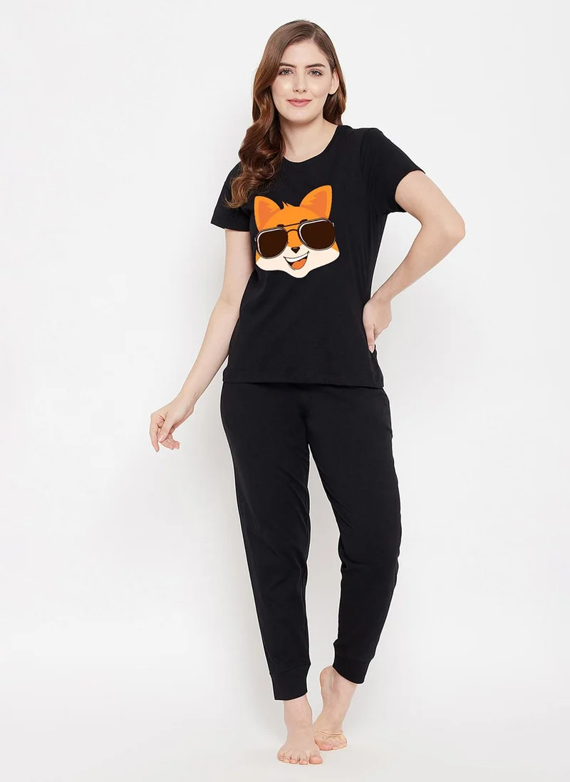 كلوفيا Clovia Fox Emoji Print Top & Solid Jogger Set in Black - 100% Cotton