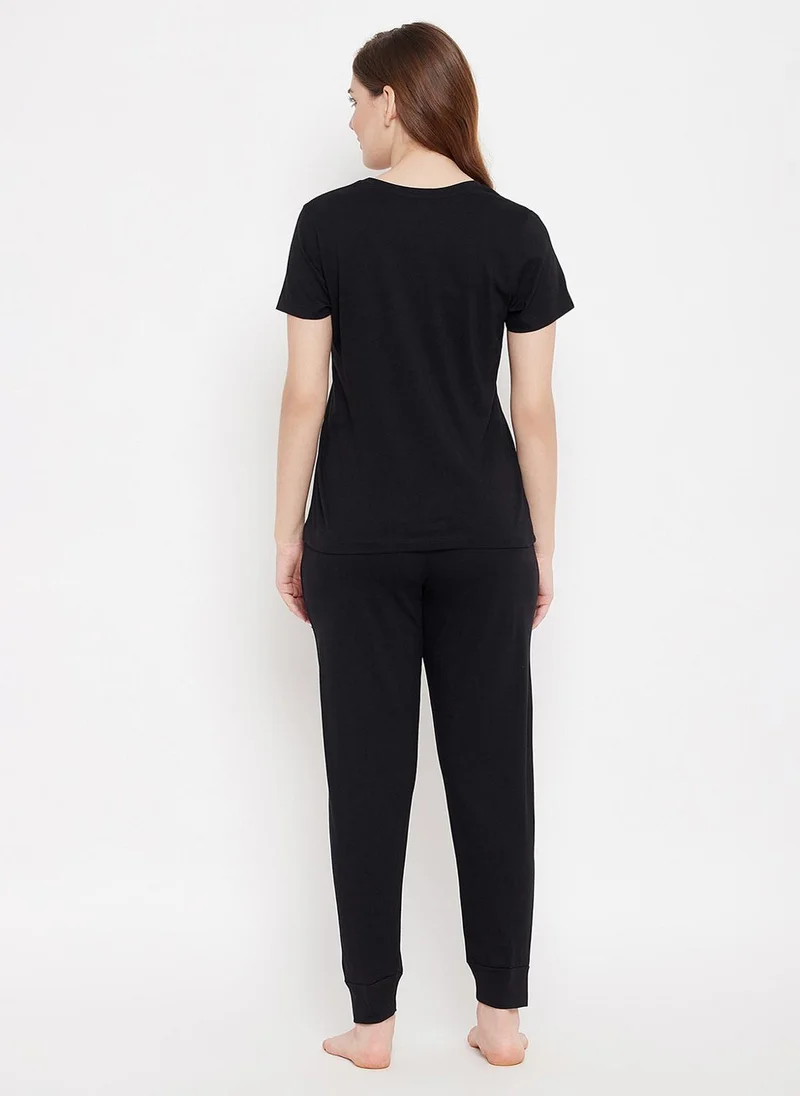 Clovia Black Clovia Fox Emoji Print Top & Solid Jogger Set in Black - 100% Cotton for Women | Best Price UAE
