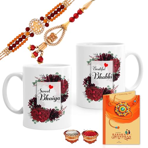Gift Arcadia Rakhi Lumba for Brother and Bhabhi Set Combo Coffee Mugs 330ml | Gift for Bhabhi, Cup, Ceramic Mug (Combo-2) - Image 1