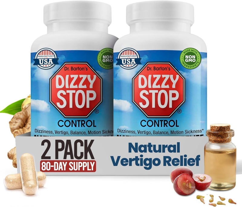 Dizzy Stop منتج تخفيف الدوار وأقراص دوار الحركة غير المسببة للنعاس: غثيان ودوار، تركيبة الزنجبيل وبذور العنب، توازن الأذن الداخلية، ضروري للسيارة، الرحلات البحرية والسفر، دعم المعدة (80 حبة - عبوة من 2) - Image 1