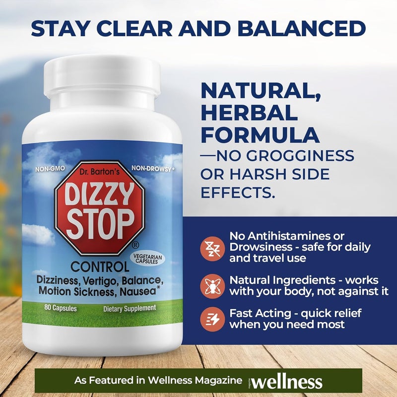 Dizzy Stop منتج تخفيف الدوار وأقراص دوار الحركة غير المسببة للنعاس: غثيان ودوار، تركيبة الزنجبيل وبذور العنب، توازن الأذن الداخلية، ضروري للسيارة، الرحلات البحرية والسفر، دعم المعدة (80 حبة - عبوة من 2) - Image 2