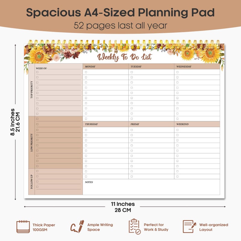 Taja Weekly To Do List Notepad With 52 Undated Sheets(8.5""?11"")- Weekly Desk Planner For Women & Man  Work And Home - Golden Sunflower - Image 3