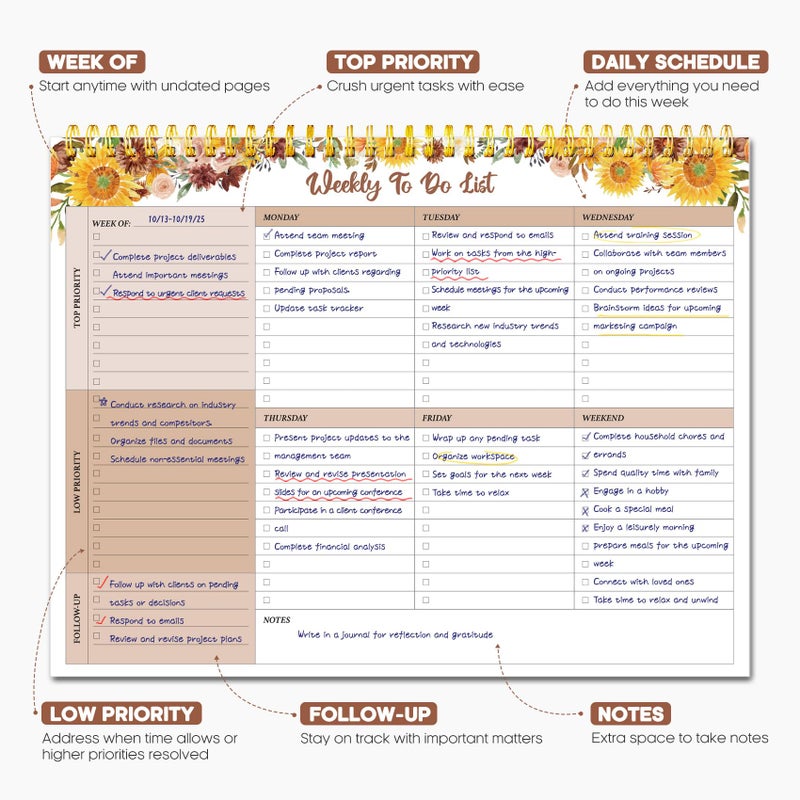 Taja Weekly To Do List Notepad With 52 Undated Sheets(8.5""?11"")- Weekly Desk Planner For Women & Man  Work And Home - Golden Sunflower - Image 2